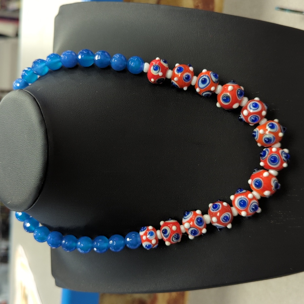 Lampwork Glass Bumpy Bead Necklace Red White Blue - Picture 2 of 7